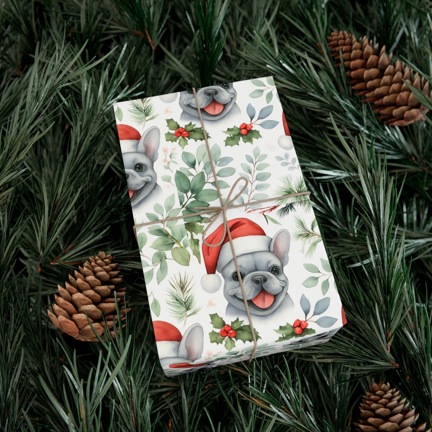 Frenchie Christmas Wrapping Paper- Grey Dog