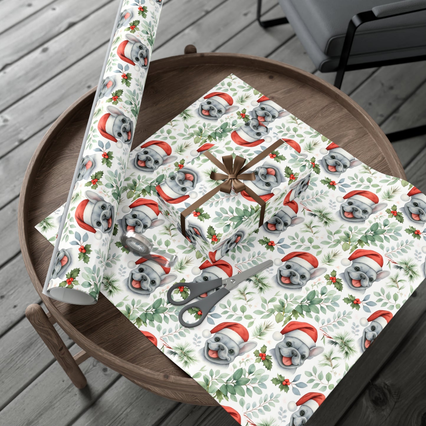 Frenchie Christmas Wrapping Paper- Grey Dog