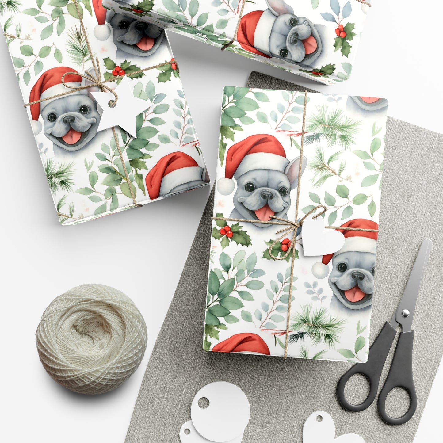 Frenchie Christmas Wrapping Paper- Grey Dog