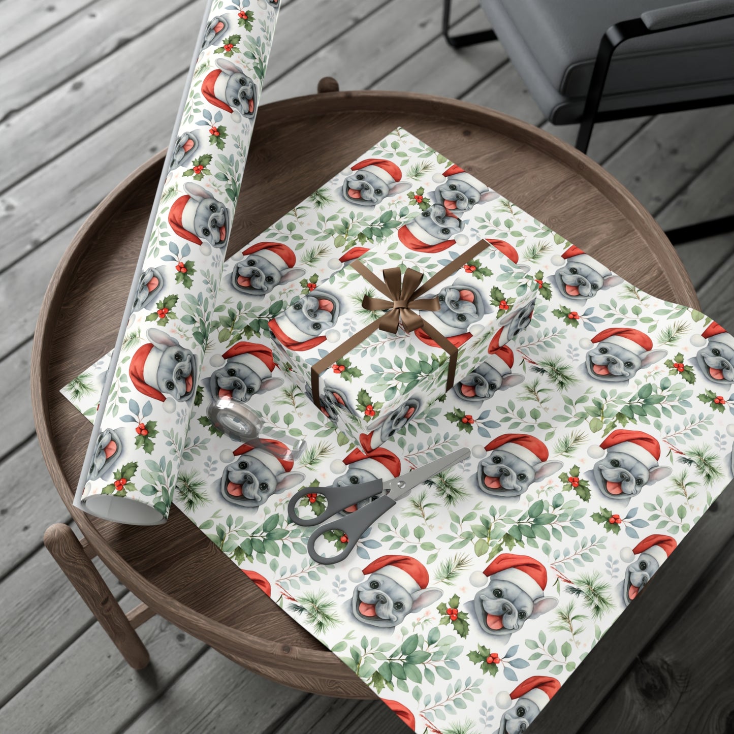 Frenchie Christmas Wrapping Paper- Grey Dog