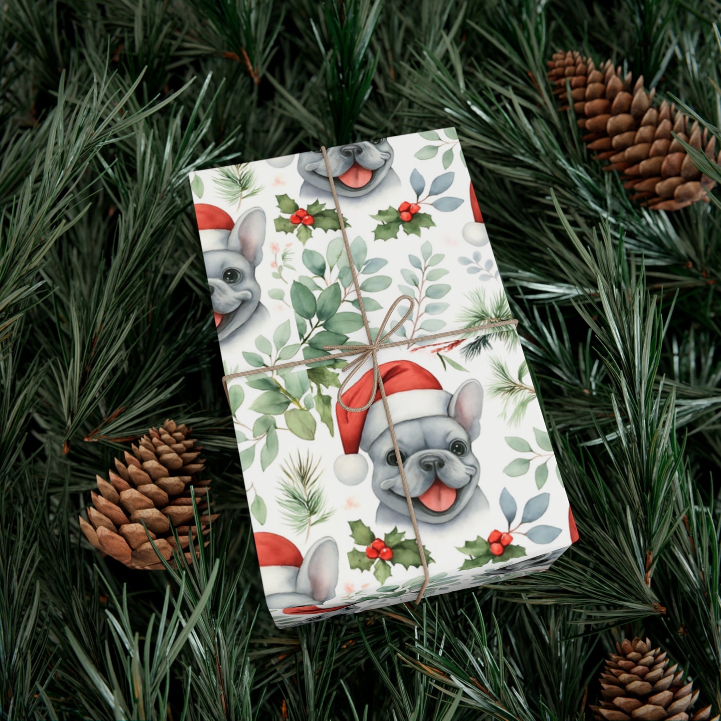 Frenchie Christmas Wrapping Paper- Grey Dog