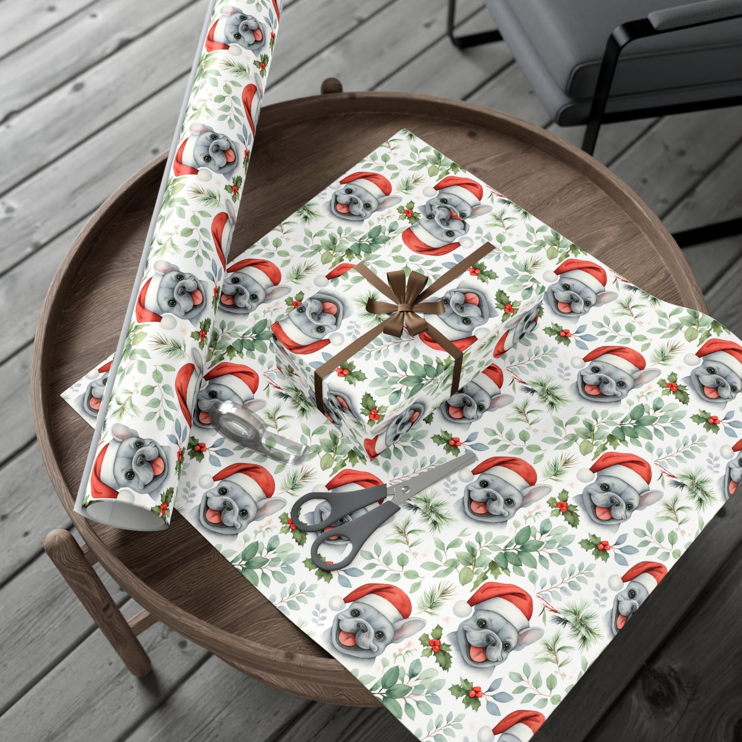 Frenchie Christmas Wrapping Paper- Grey Dog