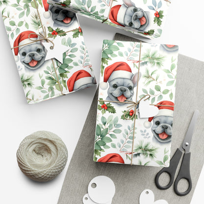Frenchie Christmas Wrapping Paper- Grey Dog