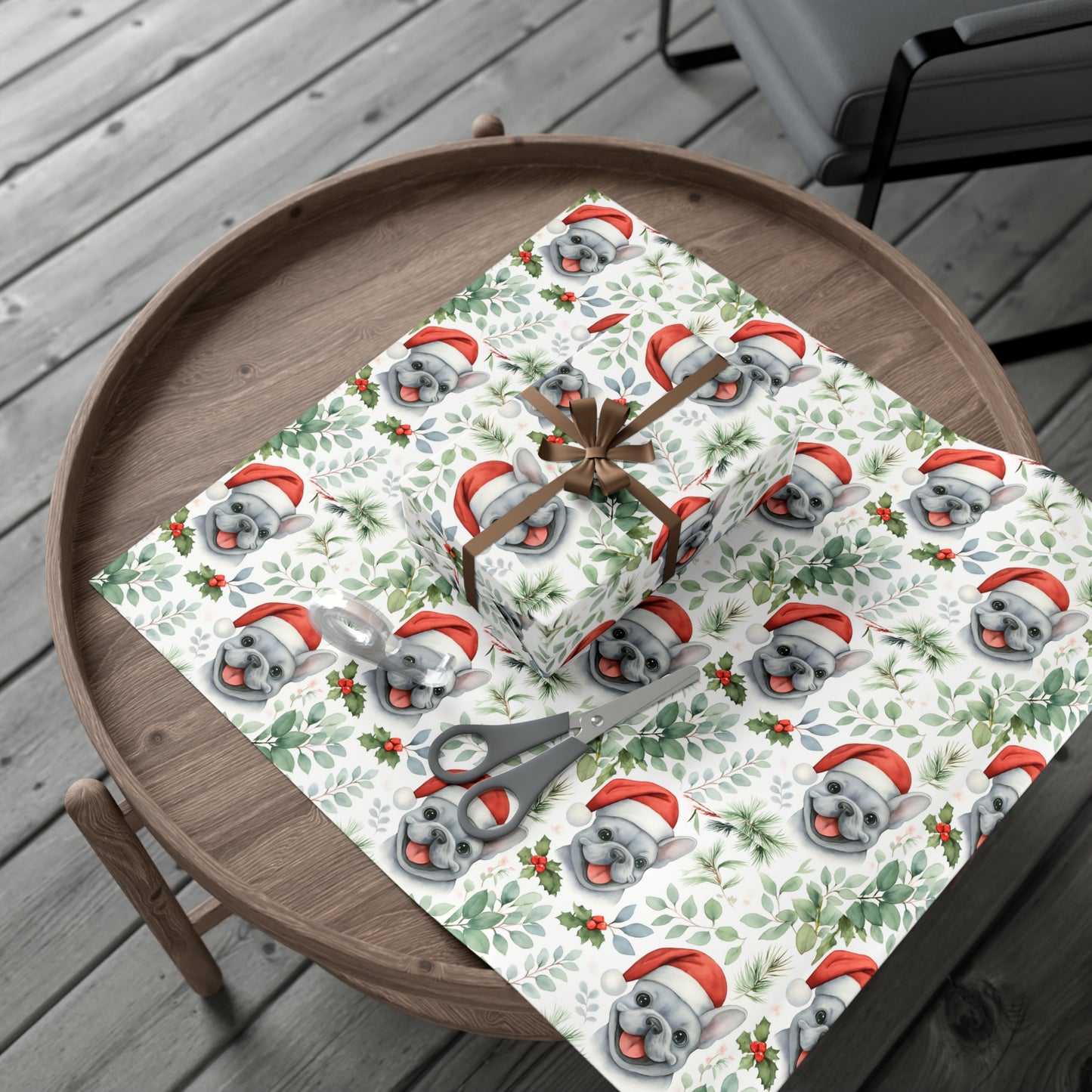 Frenchie Christmas Wrapping Paper- Grey Dog