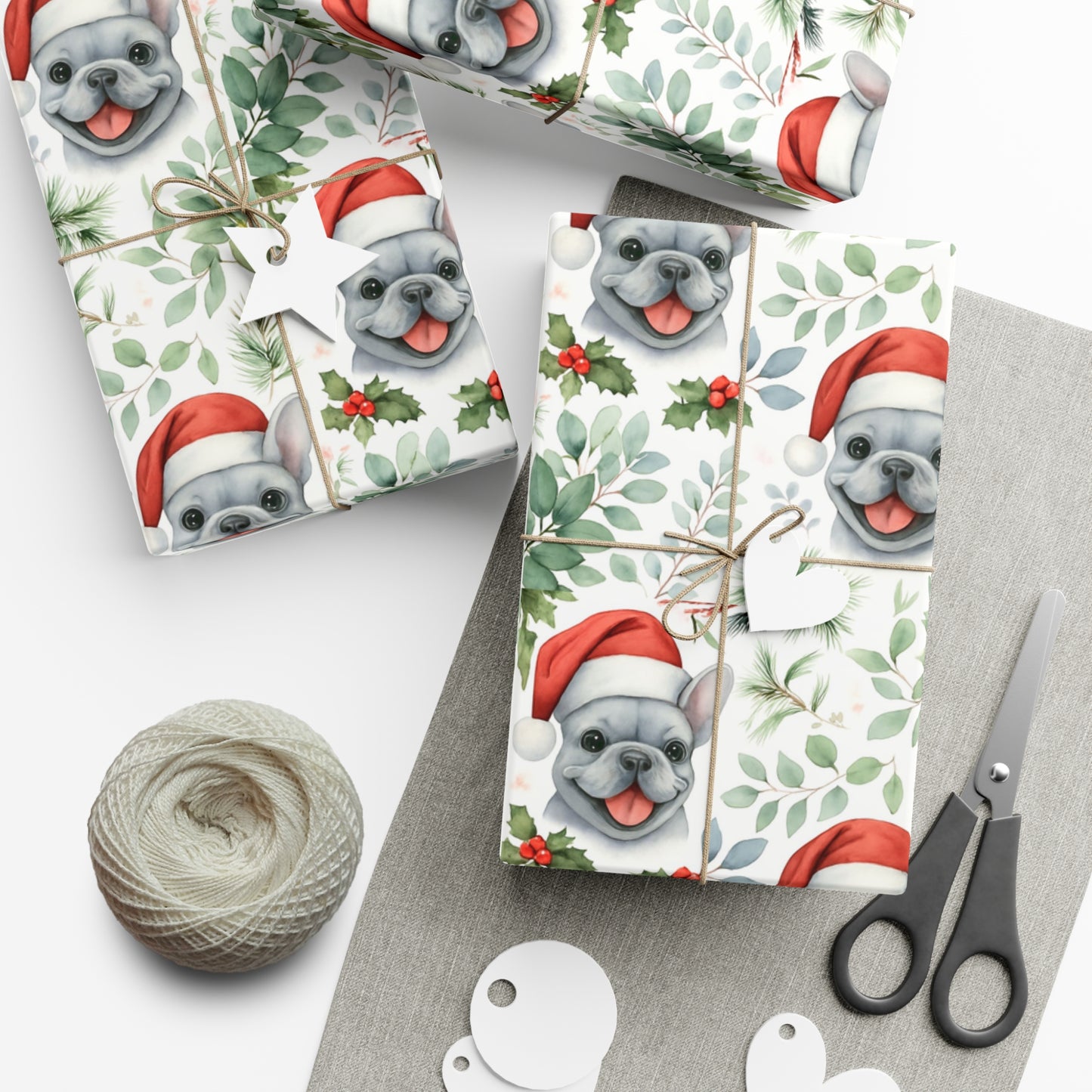Frenchie Christmas Wrapping Paper- Grey Dog