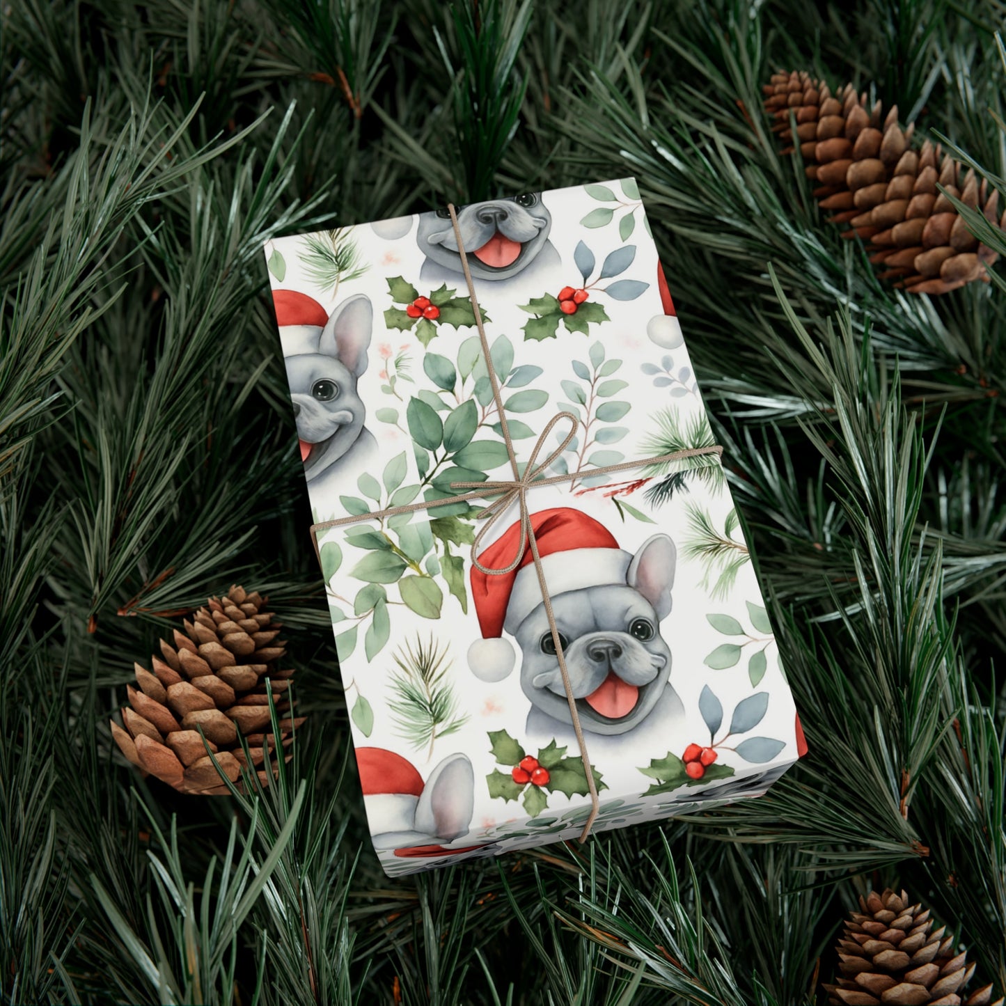 Frenchie Christmas Wrapping Paper- Grey Dog