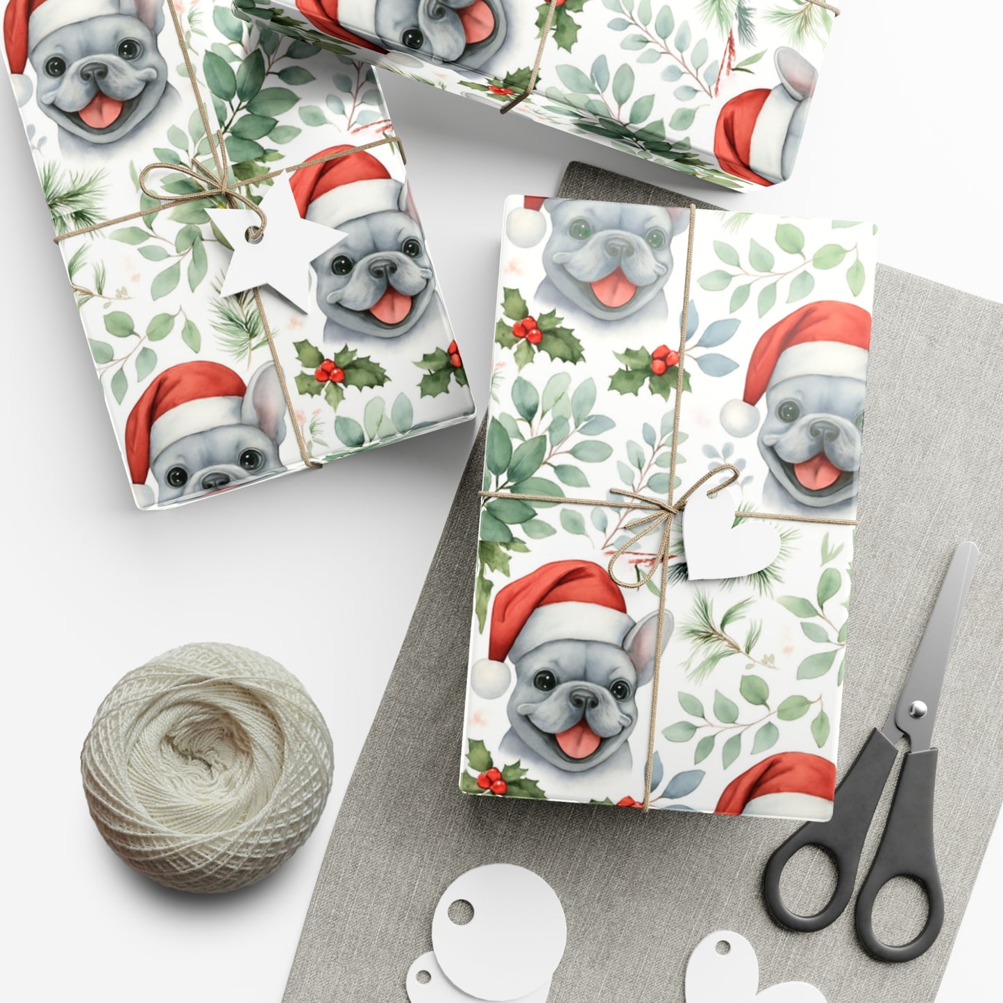 Frenchie Christmas Wrapping Paper- Grey Dog