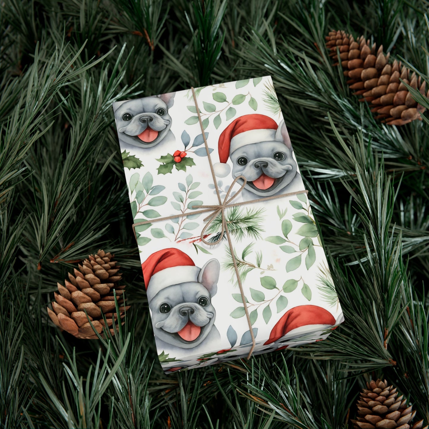 Frenchie Christmas Wrapping Paper- Grey Dog