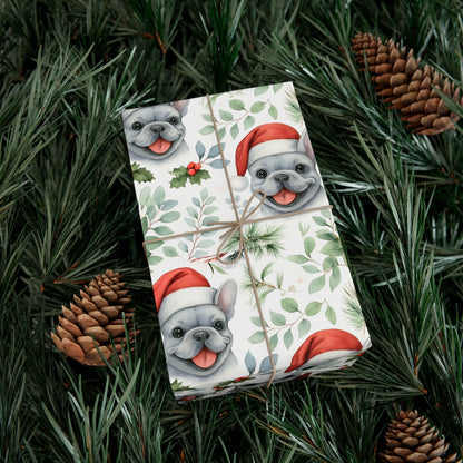 Frenchie Christmas Wrapping Paper- Grey Dog