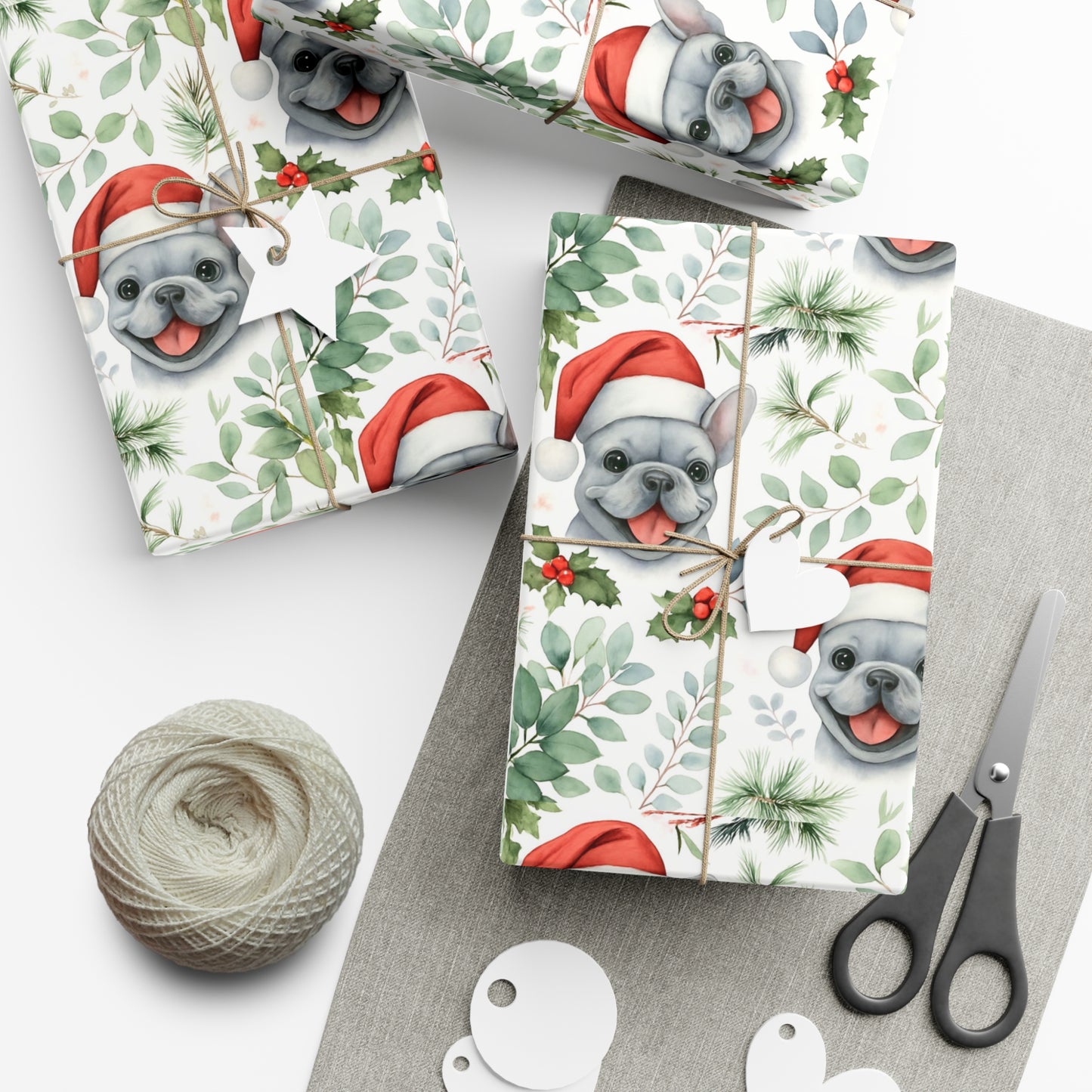 Frenchie Christmas Wrapping Paper- Grey Dog