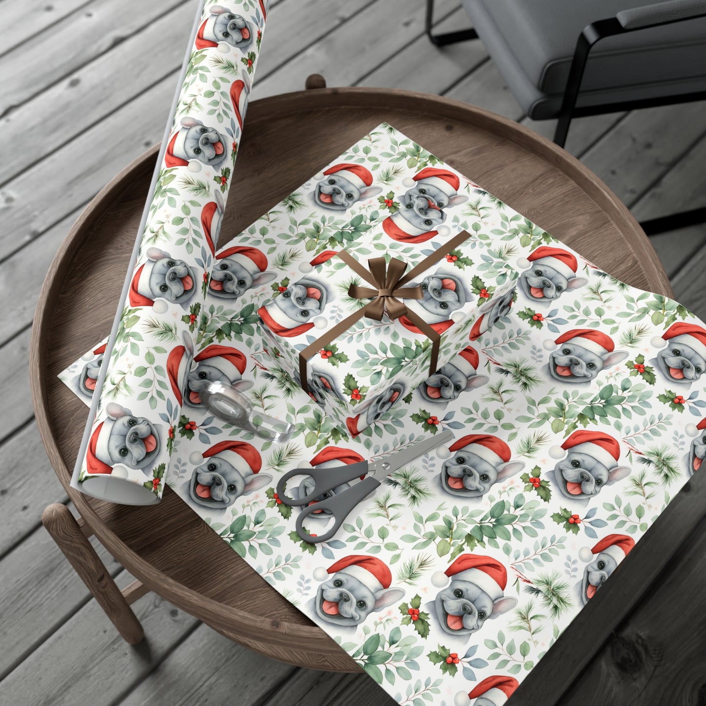 Frenchie Christmas Wrapping Paper- Grey Dog